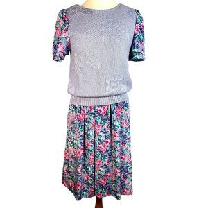 80s Women’s VTG Evanna New York Knit sweater & skirt set 2 piece size M Blue